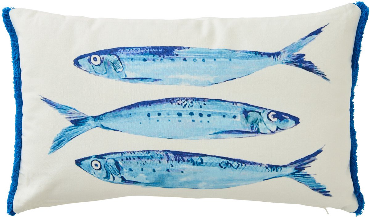 J-Line kussen Sardienen - katoen - wit/blauw Multi