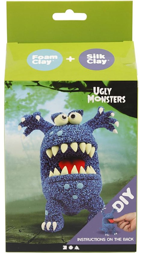 Doos met Foam Clay en Silk Clay set om een blauw monster te maken.