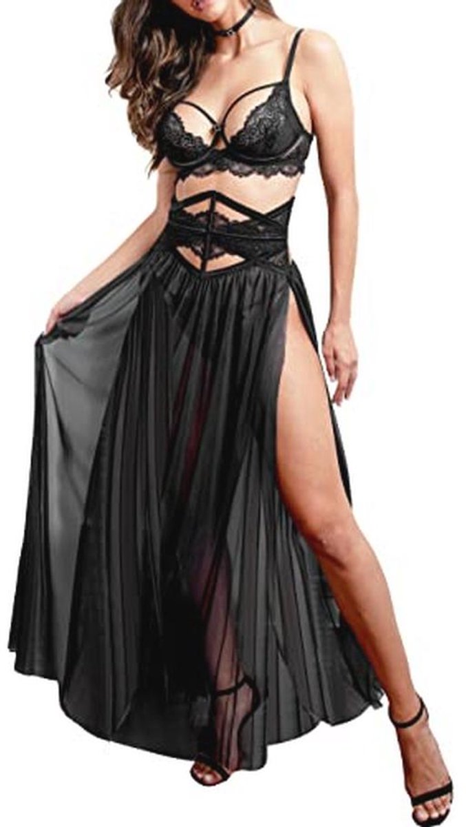 Elegante Dames Lingerie Set met Lace BH, Gordel, Transparante Netjurk, Halsband en G-string - 4-delig