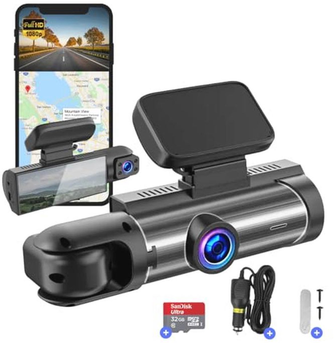 Dashcam voor auto - Dual Lens - WIFI & APP - Full HD - 170° Groothoek - Beweging Detectie & Parkeer Modus - G-Sensor - Loopopname - Micro SD 32GB