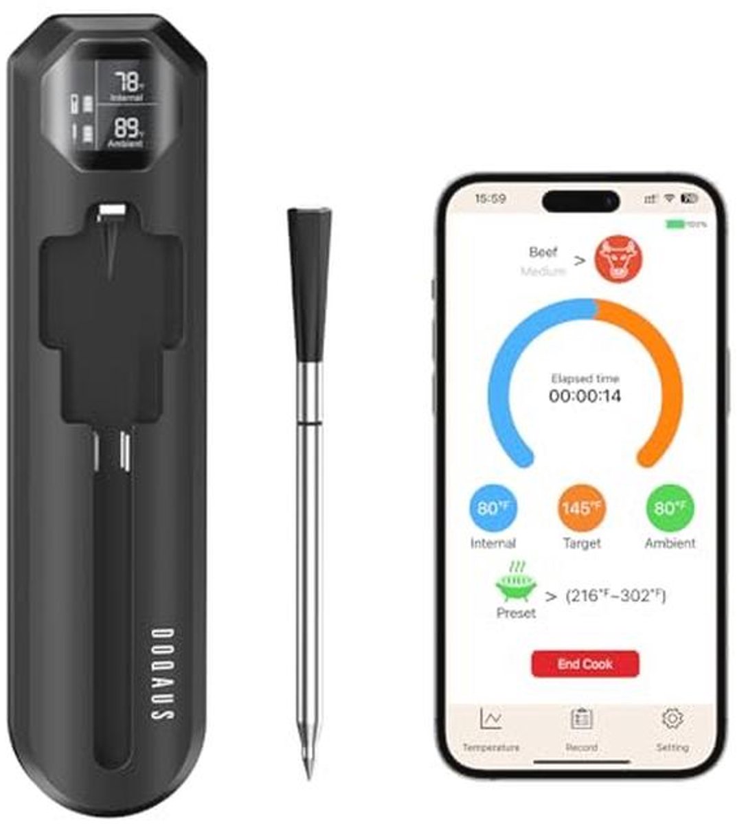 Draadloze keukenthermometer met Bluetooth, 250 m bereik, hoge nauwkeurigheid voor barbecue en oven