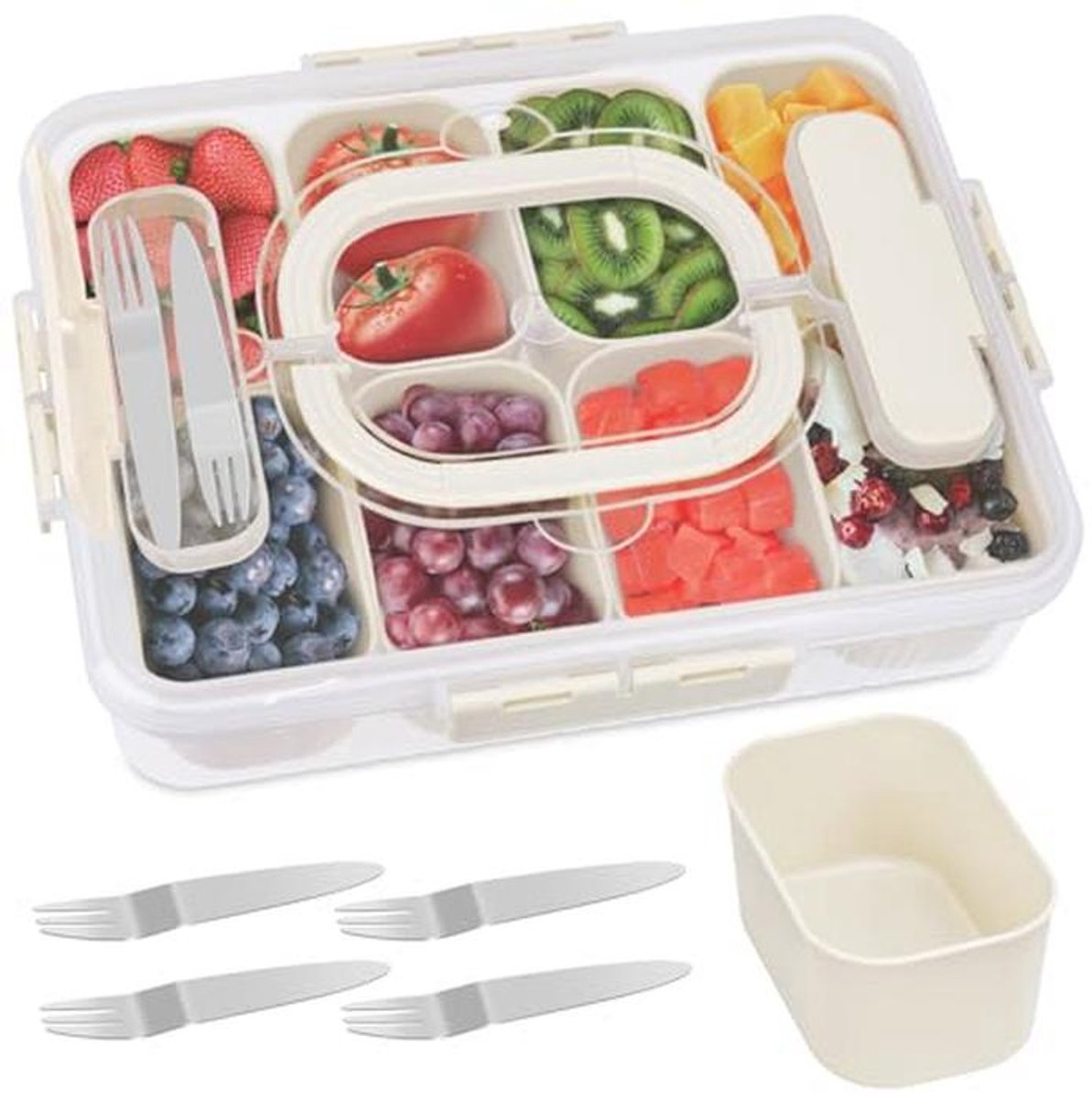 Vaatwasmachinebestendige snackbox met vakken voor fruit en snacks, draagbare serveerschaal met deksel en handvat