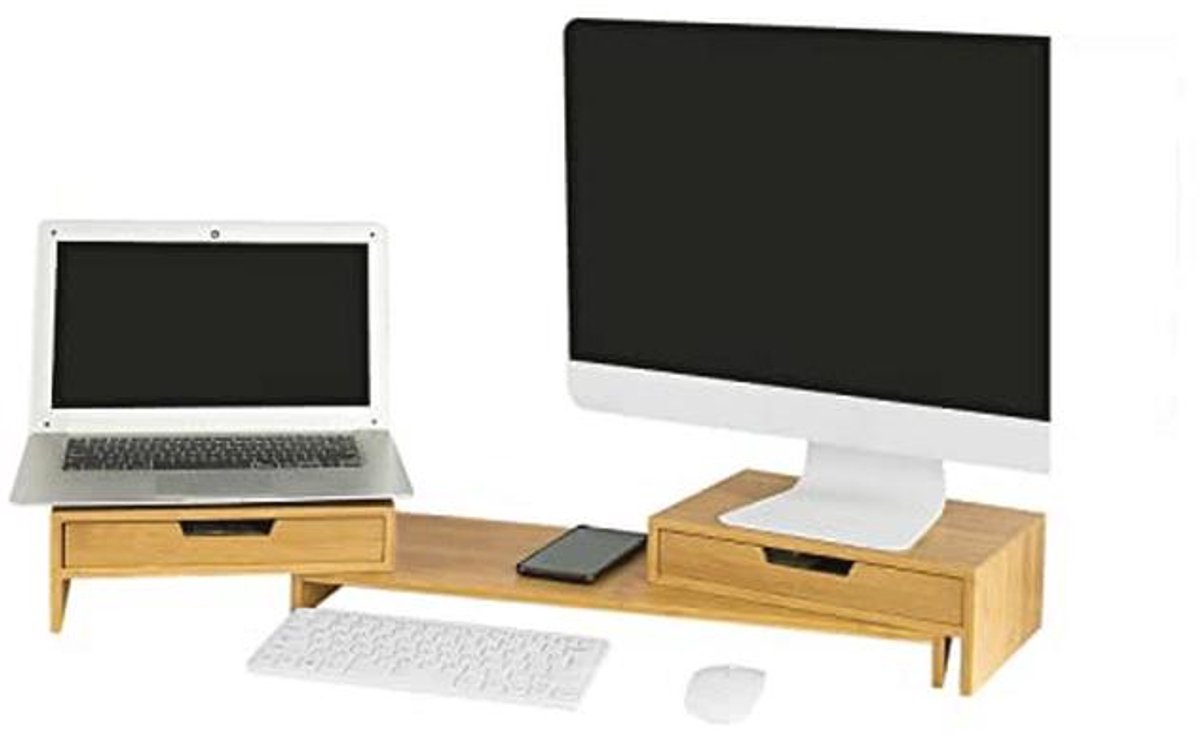 Verstelbare Bamboe Monitorstandaard met Lades voor Twee Monitoren