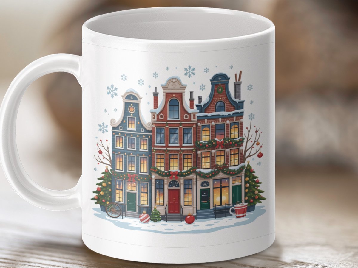 Mok met Amsterdamse grachtenpanden in winterse sfeer, Kerst mok cadeau, feestdagen drinkbeker, warme chocolademelk, origineel koffie mok