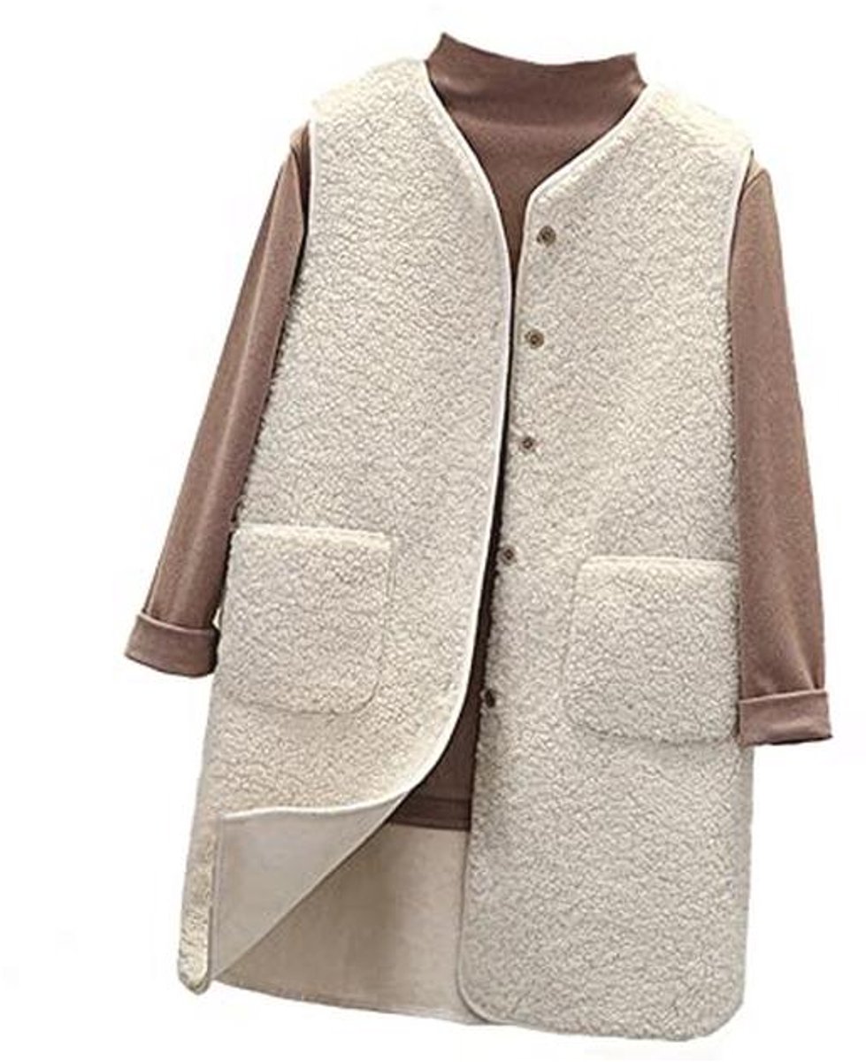 Lang Dames Gilet - Teddy Fleece Mouwloze Jas met Rits en Zakken