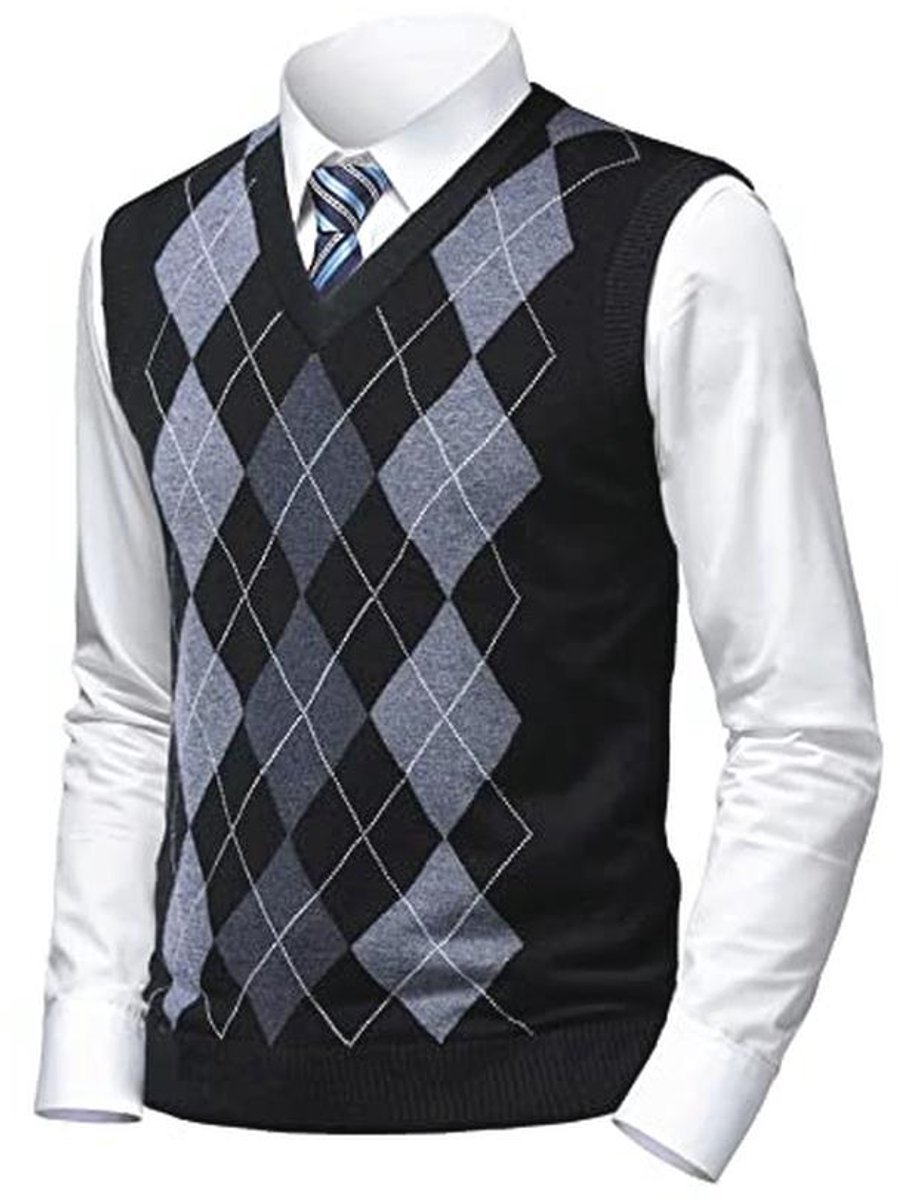 Klassieke V-hals Argyle Trui voor Heren - Mouwloze Grijze en Zwarte Knitwear