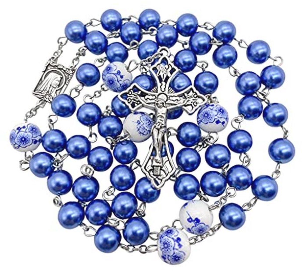Rozenkrans met Blauwe Parel en Witte Bloemen | Katolieke Ketting voor Gebed en Meditatie