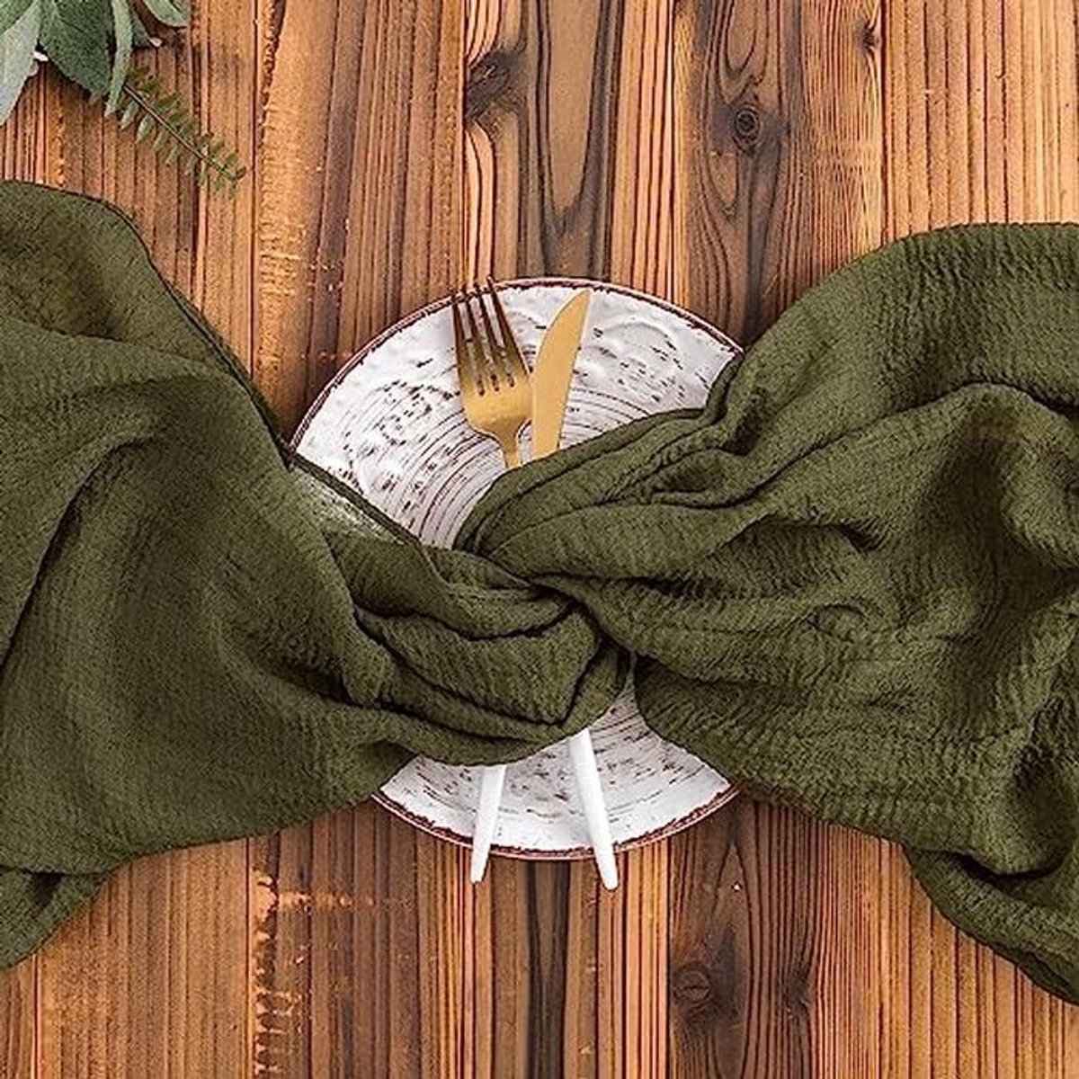 Boho Tafelloper Muslin Olive Groen 80x300cm - Perfect voor Bruiloften en Feestjes