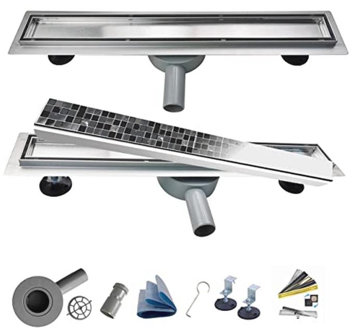 Vloerverwarming 2-in-1 lineaire roestvrijstalen bodemafvoer, supervlak, complete set voor badkamer met douchegoot, 90 cm, zilver