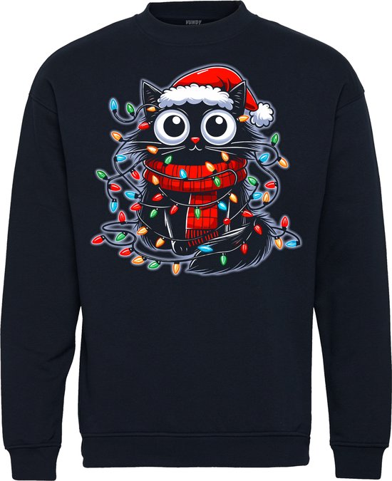 Pull de Noël Chat mignon de Noël | Pulls de Noël moches pour hommes et femmes | Pull de Noël | Marine | taille XXL