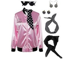 helymore Outfit in jaren 50-stijl voor dames, Sandy, T-Birds, Danny, roze satijnen jack met sjaaltje, voor Halloween of verkleden