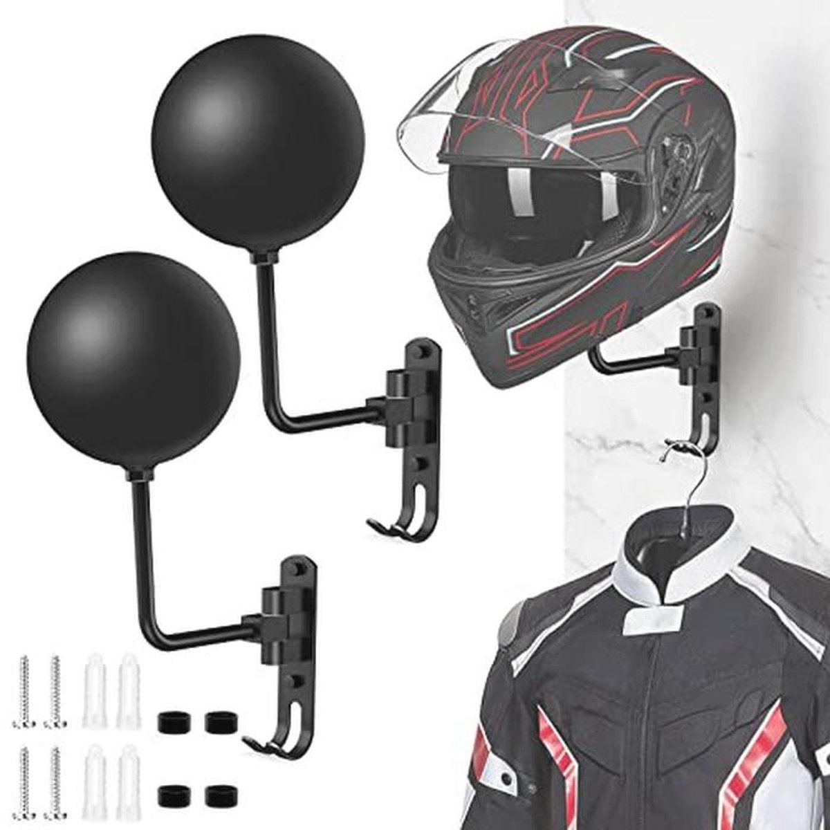 Motorhelm houder voor wandmontage - 180° draaibaar met dubbele haak