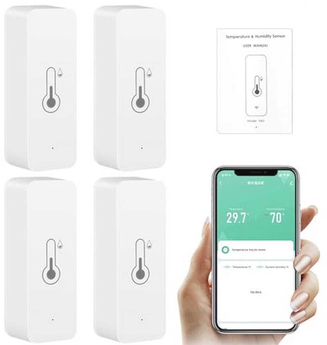 Slimme Wifi Temperatuur en Vochtigheidssensor - 4 Stuks - Ondersteunt Alexa - Hygrometer