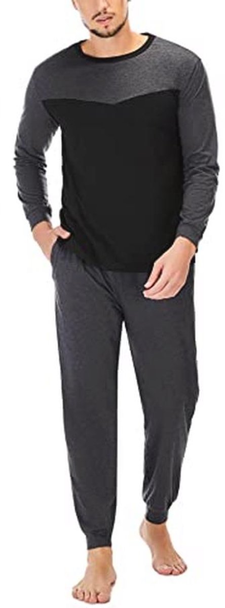 Lange Herenpyjama van Katoen - Tweedelig, Warme Pyjama voor Mannen - Herfst en Winter - Zwart - M