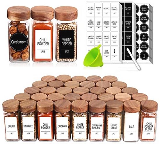 Yibaodan 25 kruidenpotten met etiketten en bamboedeksels, 4 ounce, glazen kruidencontainers met shaker, xLids kruidenpotjes met 120 etiketten voor kruidenrek, kastlade