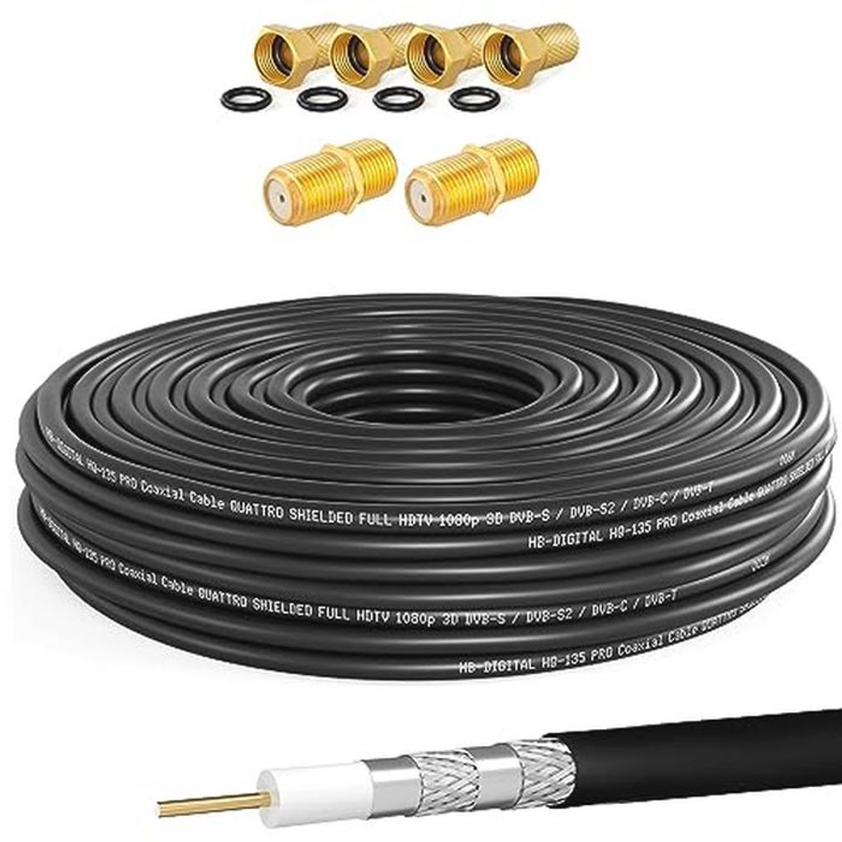 10m Coaxiale Kabel Voor Satelliet Antenne Met F-connectoren - 4-voudig Afschermd Voor DVB-S/S2, DVB-C/C2, DVB-T/T2 En DAB+ Radio