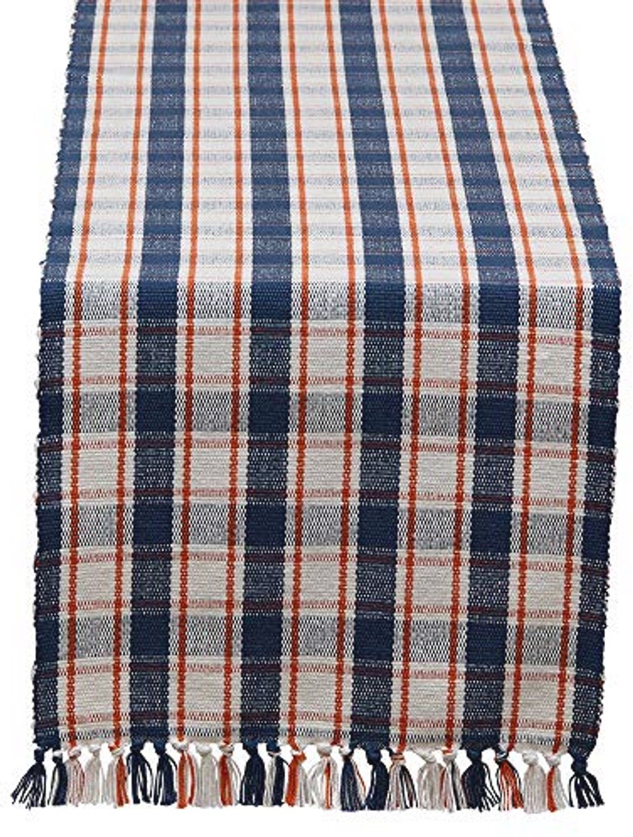 Herfst boerderij plaid - katoen in blauw en oranje - loper 72" x 14"