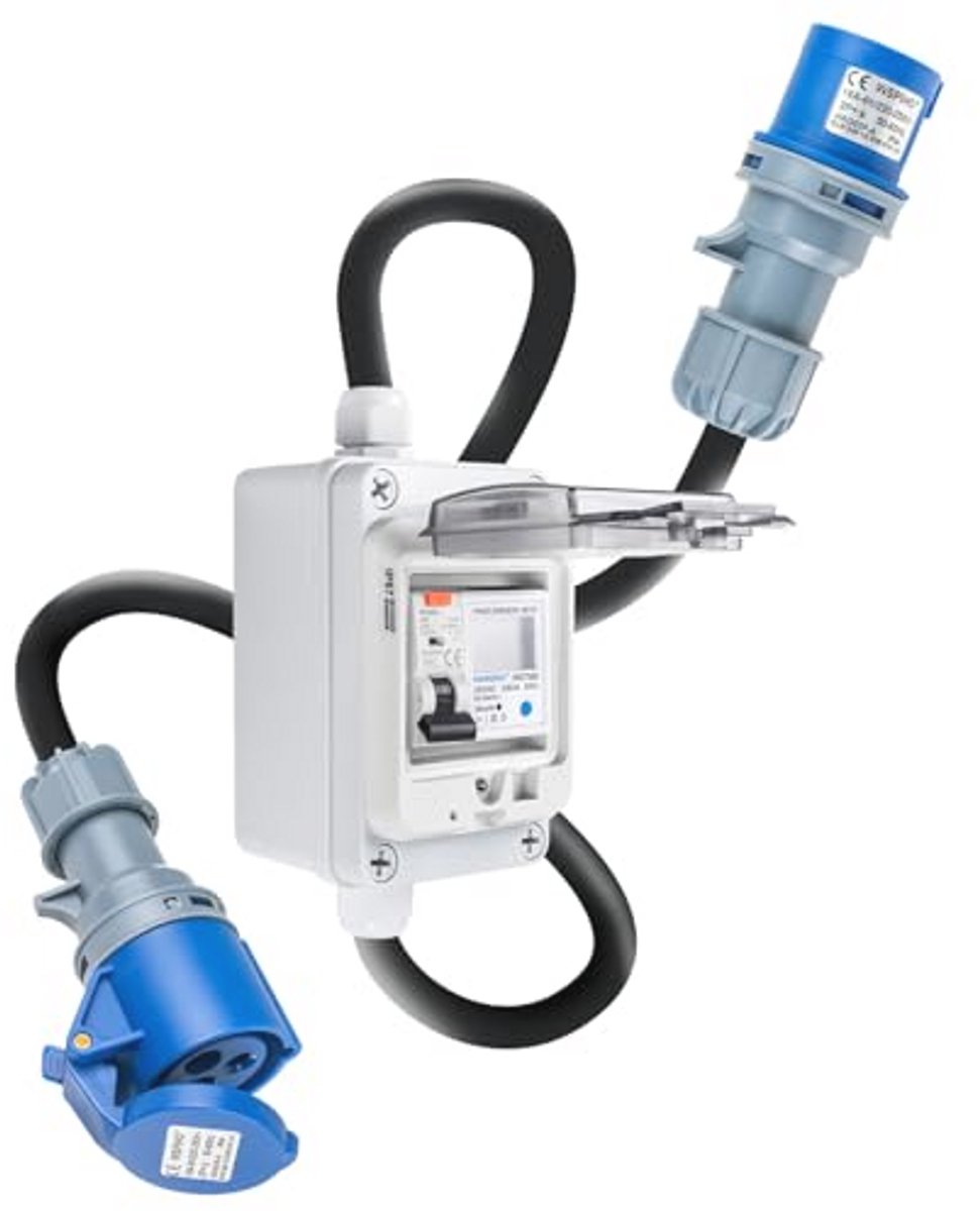 Mobiele digitale stroommeter met FI-schakelaar 16A voor 230V - CEE 3-polige stekker en koppeling