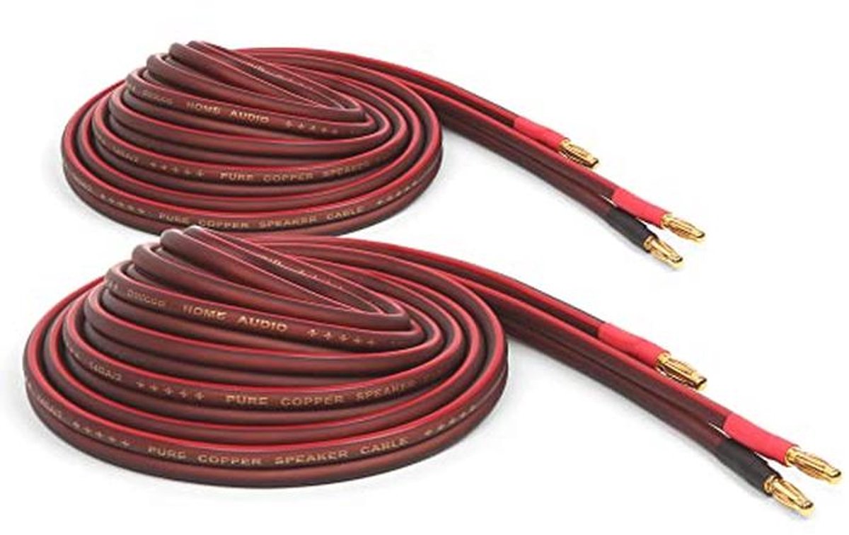 Koperen luidsprekerdraden met vergulde banaanstekkers – 14AWG, 6 voet (2 meter), paar