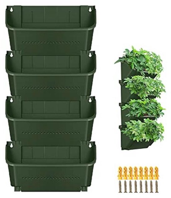 Vijf groene plantenbakken opgestapeld, naast een gevulde plantenbak en bevestigingsmateriaal.