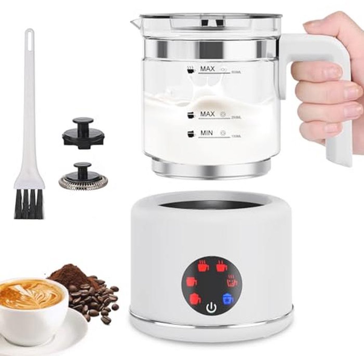 Elektrische melkopschuimer, 4-in-1 melkopschuimer voor warm en koud, 130-430 ml, 400 W, vaatwasmachinebestendig, opschuimer, voor latte macchiato, cappuccino, met dicht fluweelachtig schuim