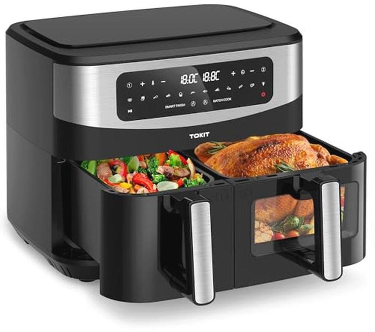 Dual Zone Heteluchtfriteuse 2800W met Kijkvenster en 12-in-1 Kookprogramma's
