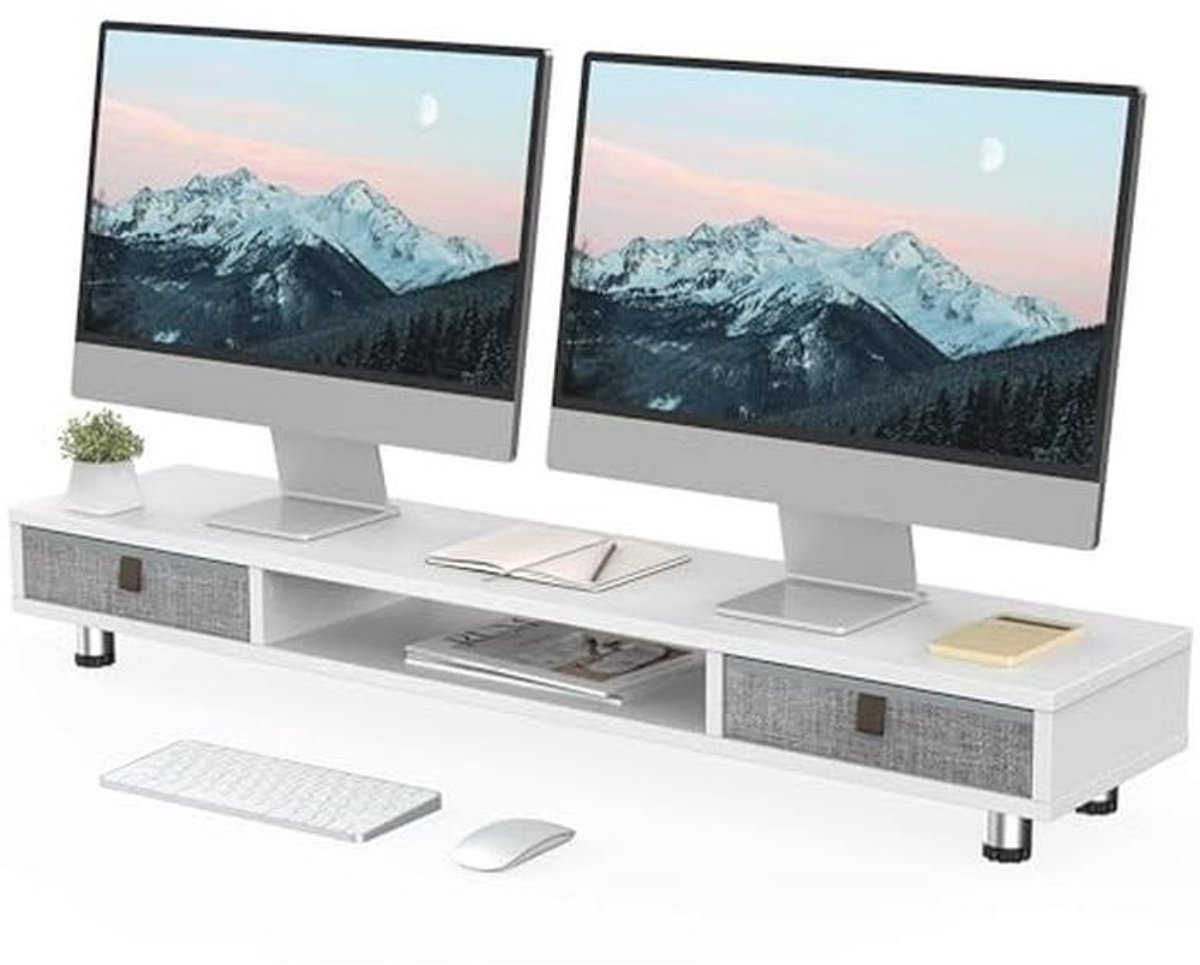 Verstelbare Dubbele Monitorstandaard met 2 Opbergladen voor Computer en Laptop
