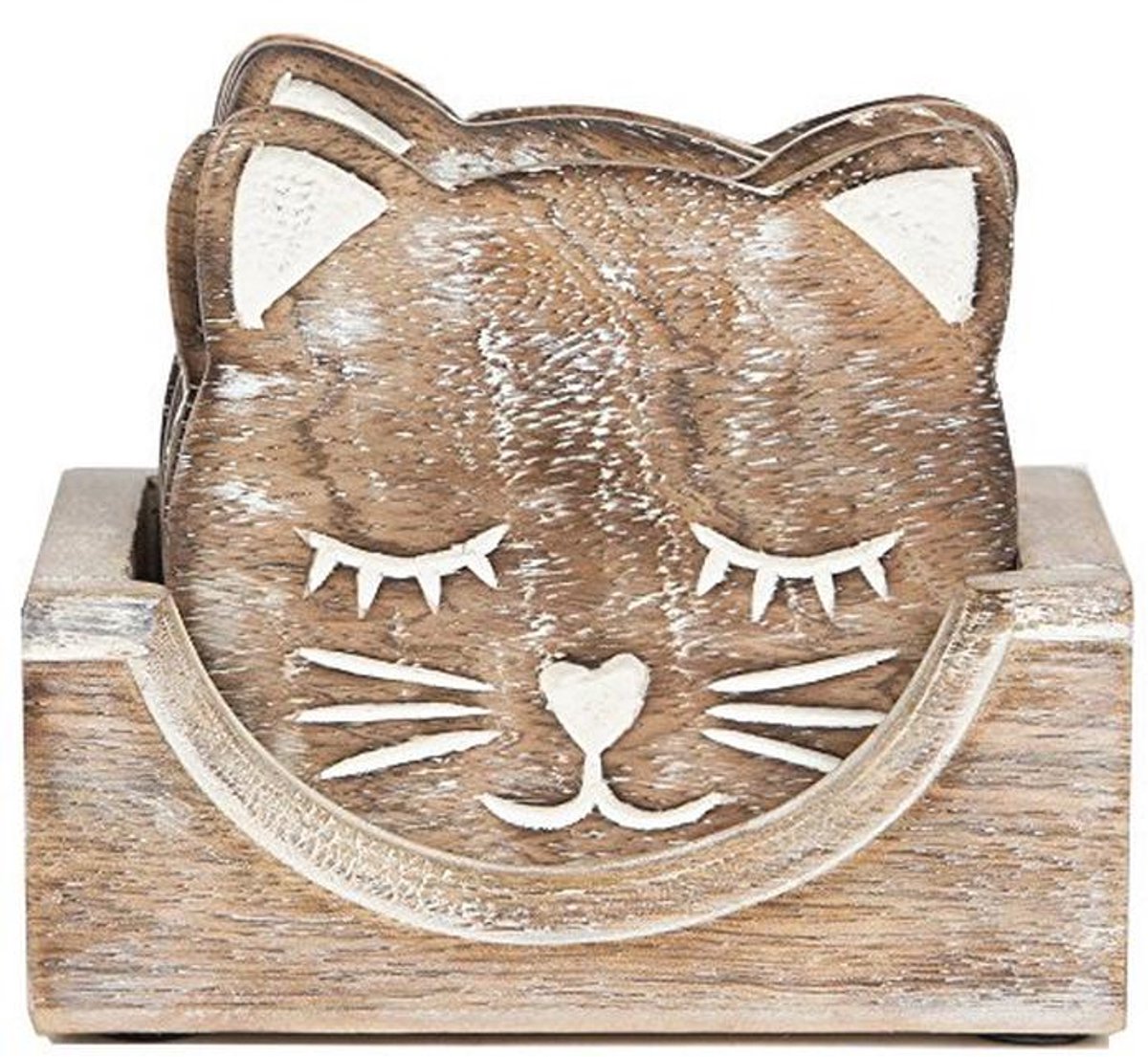 Houten Katten Onderzetters - Set van 6 in Opbergdoos