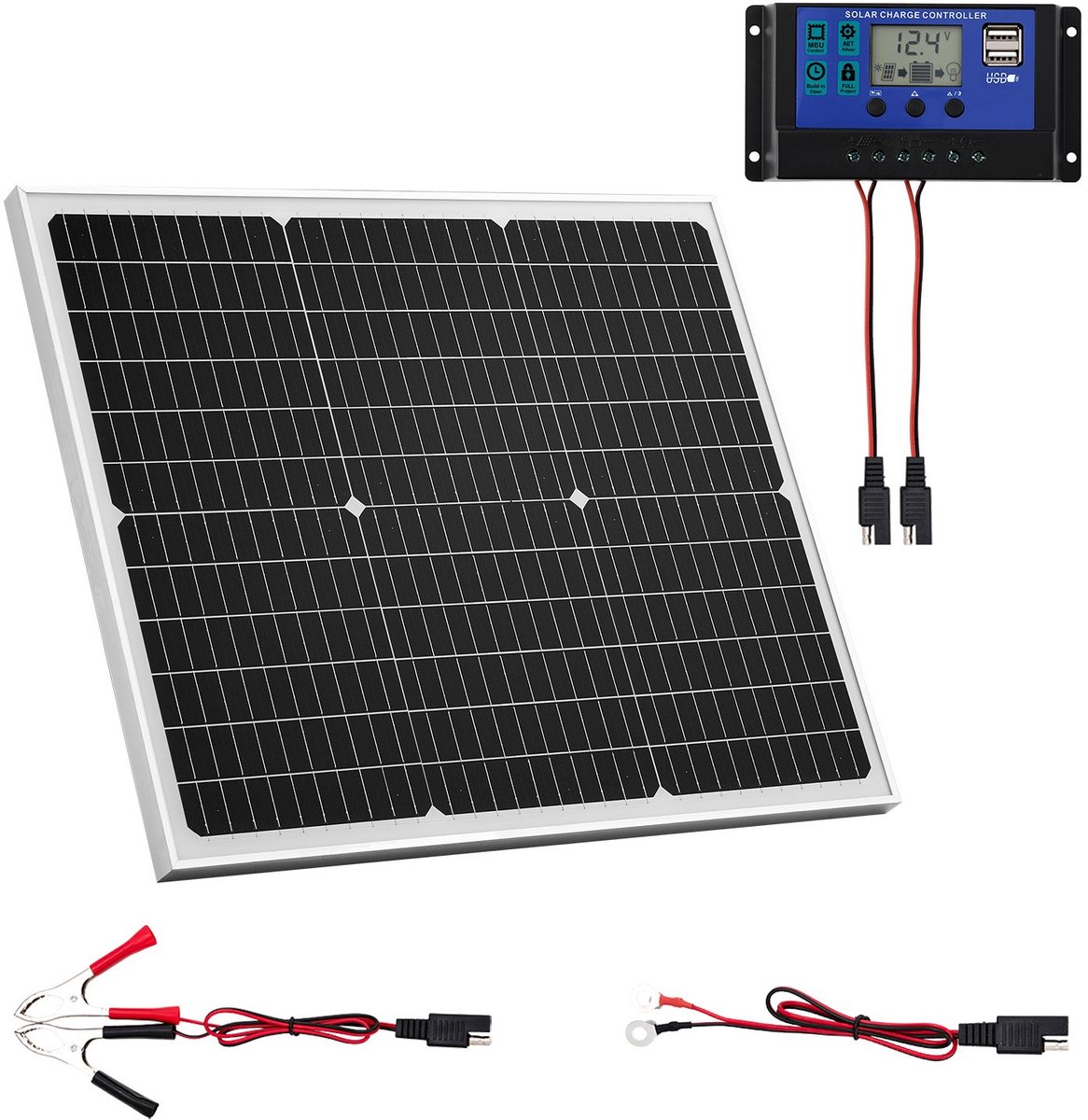 Zonnepaneelset - 12V 50W - Monokristallijn - MPPT-Laadregelaar - Voor Auto/Boot/Camper/Aanhanger - Plat Dak - Zonder Montagebeugel