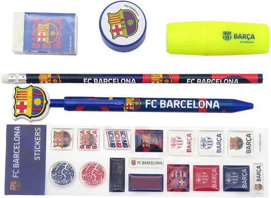 FC Barcelona schrijfwarenset met blauwe etui, potlood, pen, gum, puntenslijper, markeerstift en stickers.