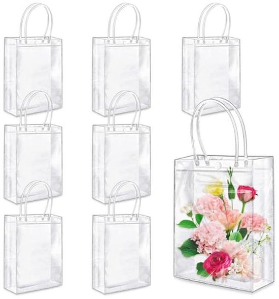 SINJEUN 40 stuks transparante cadeauzakjes met handvat, 23 x 17 x 6 cm, transparante plastic zakjes, snoepzakjes, wikkeltassen, draagtassen voor feest, bruiloft, verjaardag