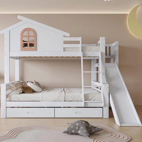 Stapelbed met karakteristieke ramen en kantelladder met vier niveaus, kinderbed en moederbed met glijbaan, met twee laden, massief houten frame, wit, 90x200 & 120x200cm