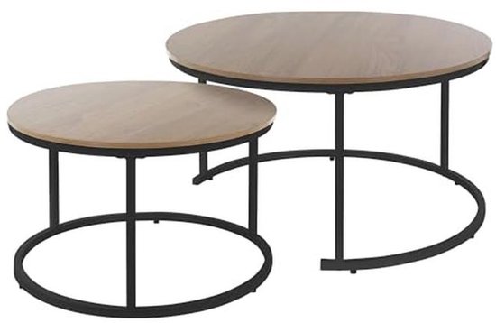 Set de 2 tables basses rondes aspect bois naturel avec piètement en métal noir - Ensemble de tables d'appoint élégant