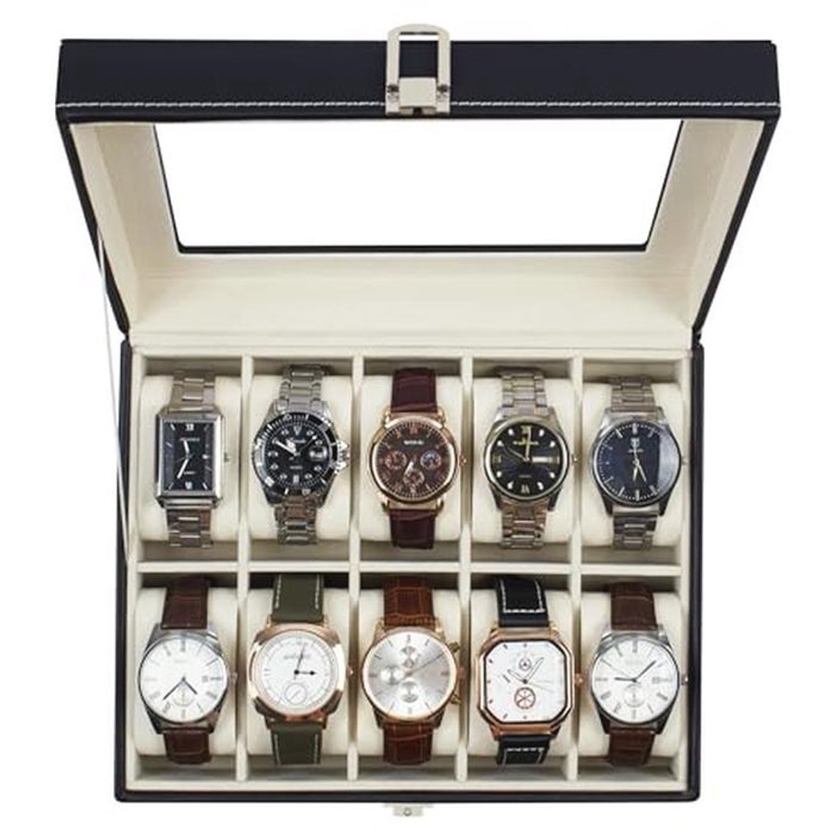 BEGHOME Horloge Box 10 Slot Display Case Organizer Glas Opslag met Pu Leer voor Mannen en Vrouwen