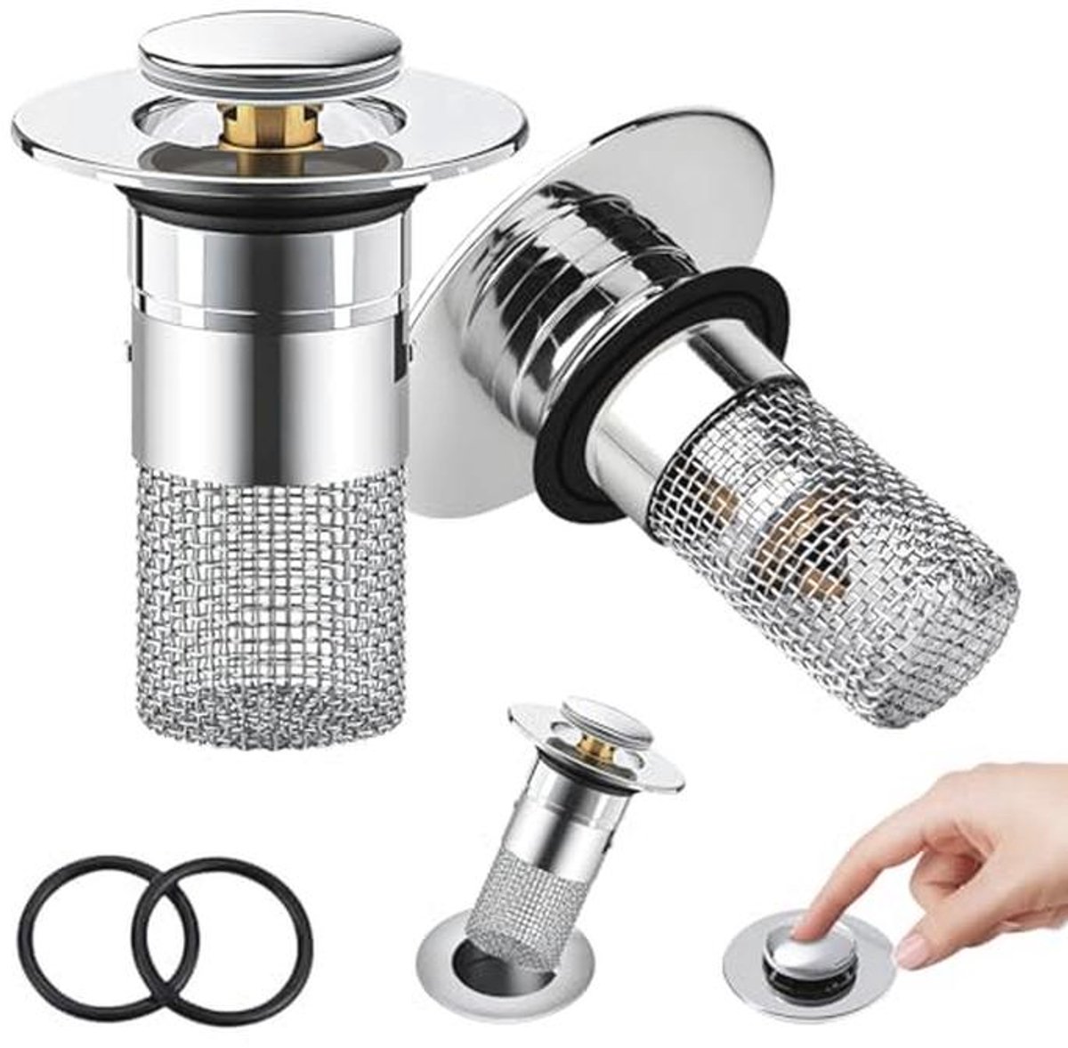 Wastafelstoppen met Zeef 34-40 mm – Set van 2 Pop-up Afvoerstoppen van Roestvrij Staal