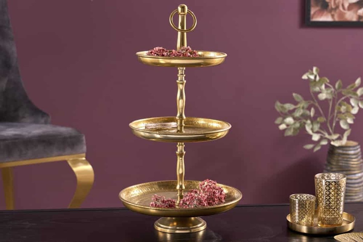 Design taartplateau ORIENT 47cm goud in wild hammer finish met drie niveaus - 41535