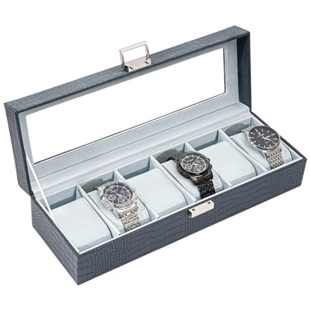 Horlogebox met 6 compartimenten en glazen deksel, opbergbak voor horloges, hoogwaardige faux leren opslagbox, blauw