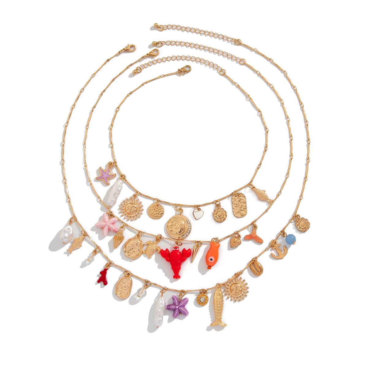 My Sweet Romance® - Dames Ketting 3-Delig - Goudkleurig met Kleurrijke Bedels (Schelpen, Vissen, Munten)