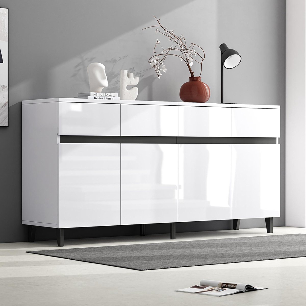 BLACKCOLORS Glanzend dressoir, commodes, hoog dressoir, ladekasten met 4 laden, 2 deuren en in hoogte verstelbare planken, glanzend dressoir, glanzende onderkasten, hoekmeubels