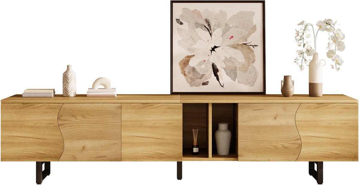 Clruro TV Meubel - 191x38x46,5 cm - 5 Deuren - Uniek Design - MDF & Spaanplaat - Naturel Natuurlijke houtkleur