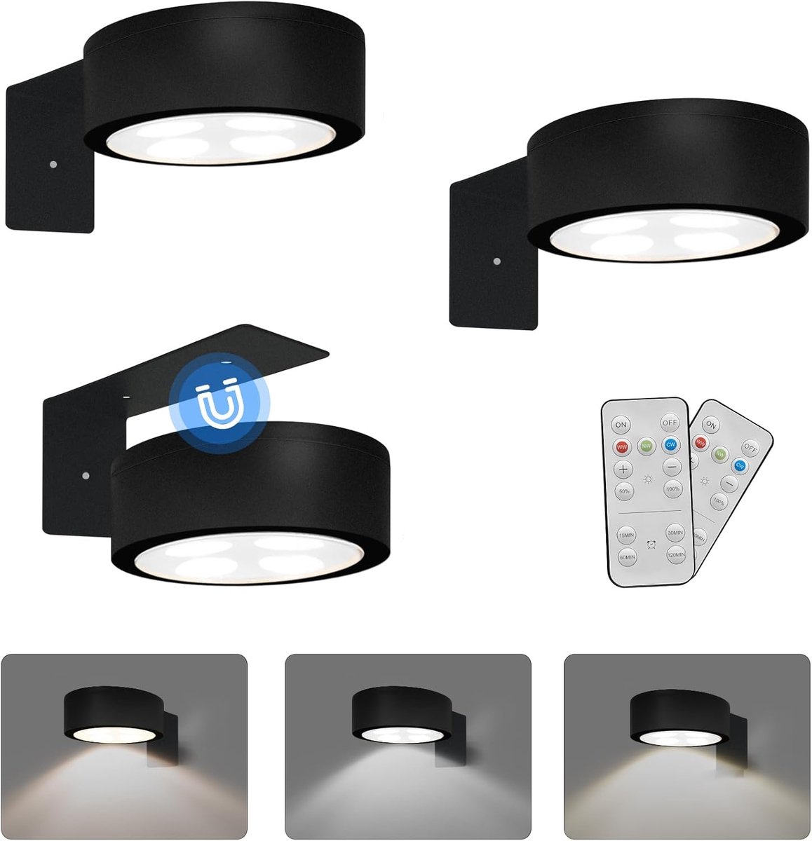 ANMI® Draadloze Schilderijverlichting Set van 3 - Batterijgevoed - Magnetisch - Met Afstandsbediening - Dimbaar Met Timer - 3 Lichtstanden - Voor Foto’s en Kunstwerken