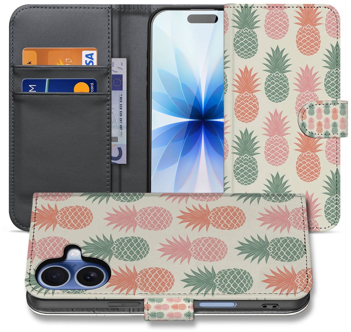 Apple iPhone 17 Book Cover Ananas Roze Rood Groen Met Pasjes