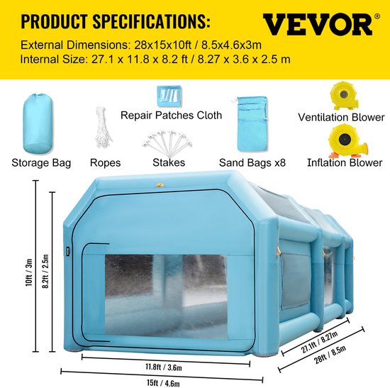 VEVOR Draagbare Opblaasbare Spuitcabine, 8,5 x 4,6 x 3 M Opblaasbare Spuitcabine, Autolaktent met Luchtfiltersysteem en 2 Blazers, Spuitcabinetent, Autolakwerkstation, Parkeergarage van Merkloos — afbeelding 4