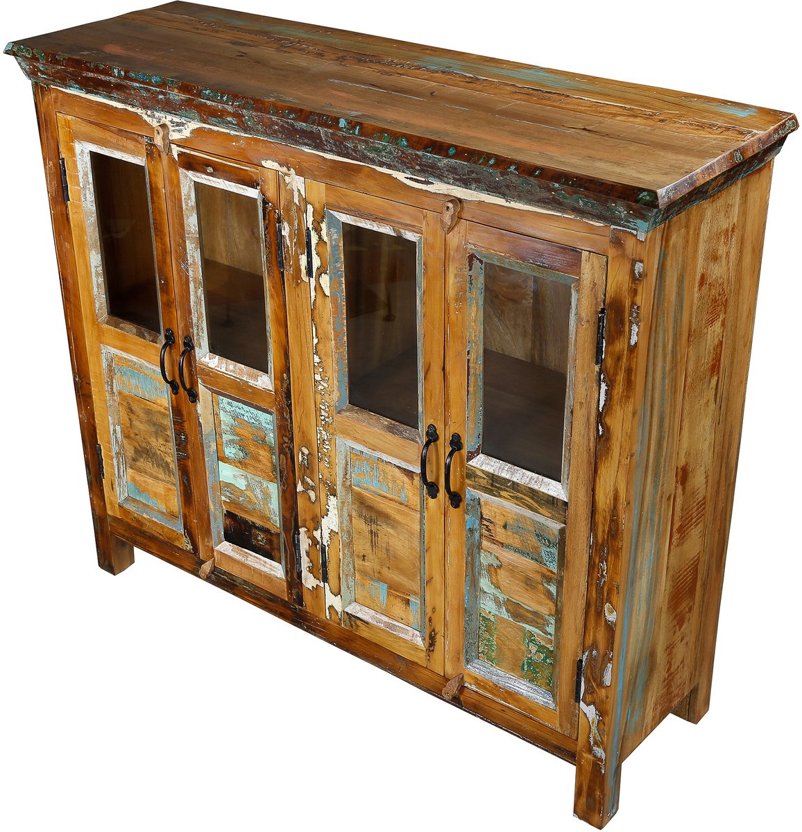 Dressoir – massief houten Sideboard – mangohout – met glas – vintage boho landelijk – woonkamer hal keuken eetkamer