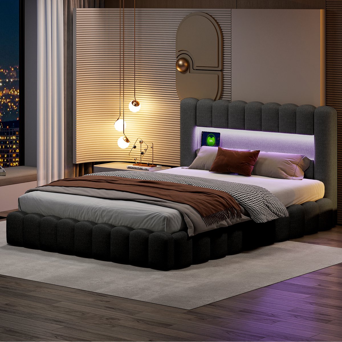 ROSAHQNDA Tweepersoonsbed, 160x200 cm, gestoffeerd, met ingebouwd matras, zacht hoofdeinde, met LED- en USB-aansluiting, exclusief matrashoes, grijs