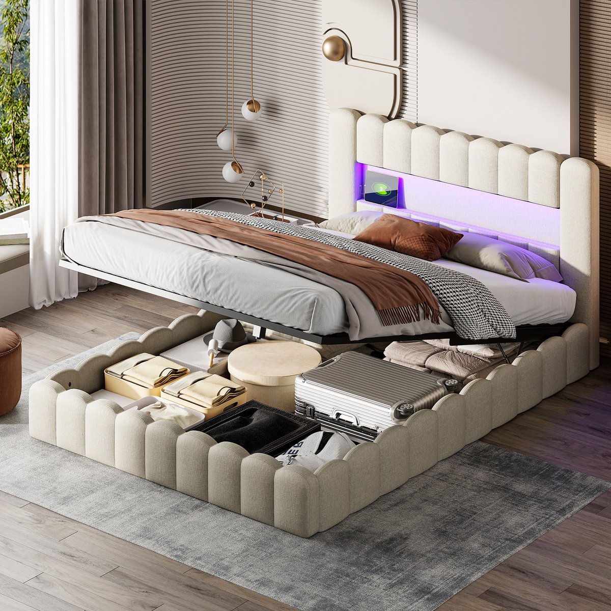ROSAHQNDA Tweepersoonsbed, 180x200 cm, gestoffeerd, met ingebouwd matras, zacht hoofdeinde, met LED- en USB-aansluiting, exclusief matrashoes, beige
