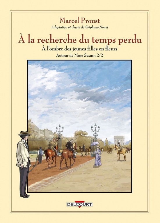 Cover van 'À l'ombre des jeunes filles en fleurs', met een illustratie van een park met mensen te paard en te voet. Man in gestreept pak links.