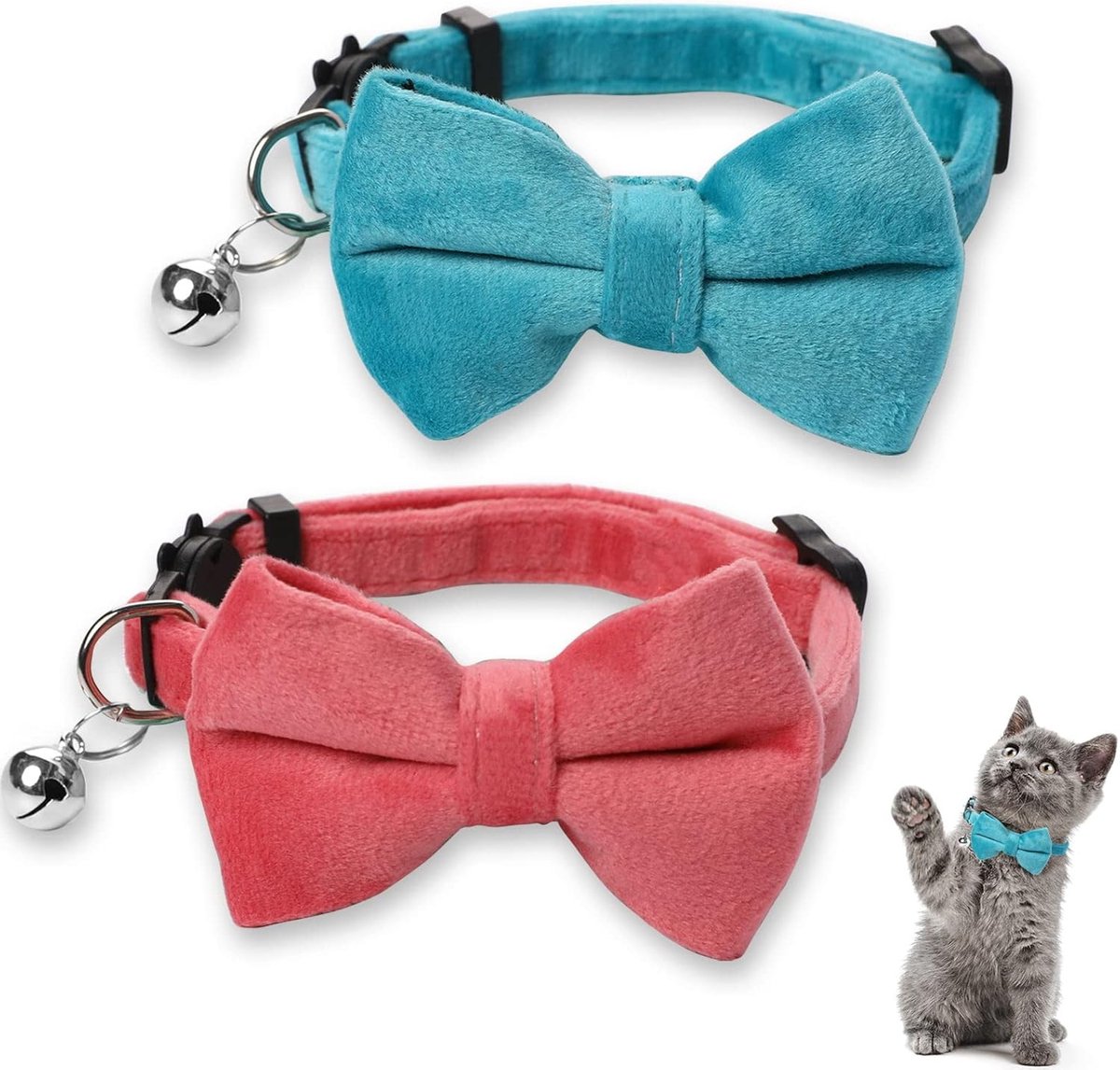 Daity 2-delige set - Fluweelzachte kattenhalsband met belletje en strikje - verstelbare veiligheidssluiting - veiligheidsstrikje voor kittens/kleine honden - effen kleur - basiskleur voor een bruiloft - kattenhalsband met strikje