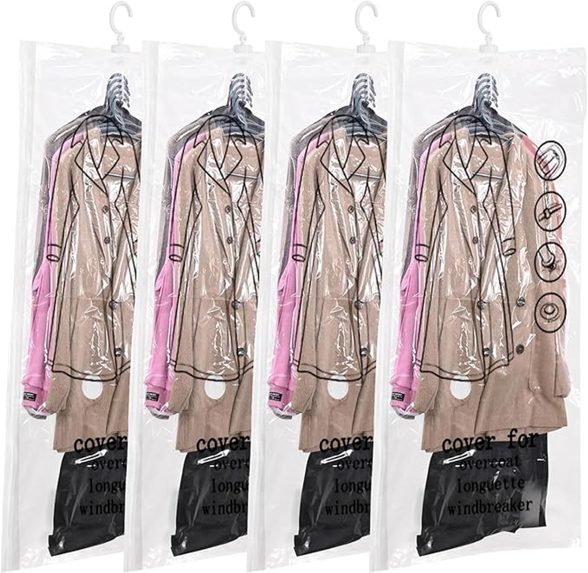 Hangende stofzuigerzakken voor kleding, 4 pakken (135 x 70 cm), blauwe stofzuigerzakken kleding voor pakken, jassen, jassen, 80% ruimtebesparende stofzuigerzakken kleding