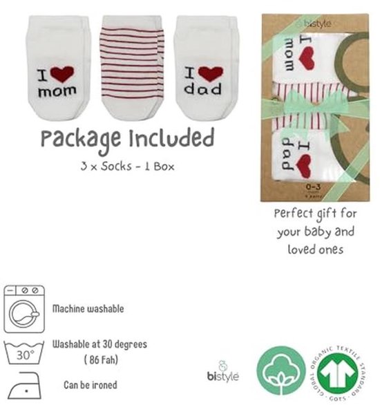 Biologische Katoenen Babysokken voor Pasgeborenen - I Love Mama & Papa - 0-3 Maanden - Perfect Cadeau voor Babyshower — afbeelding 2